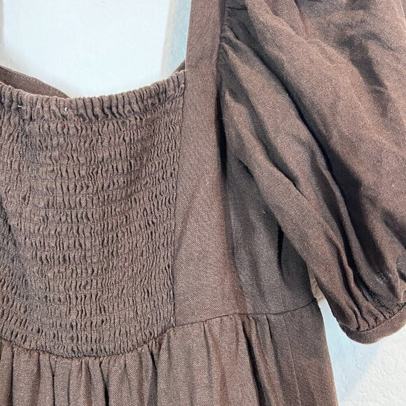 Brown Babydoll Linen Dress Mini Peasant Medium - Picture 8 of 11